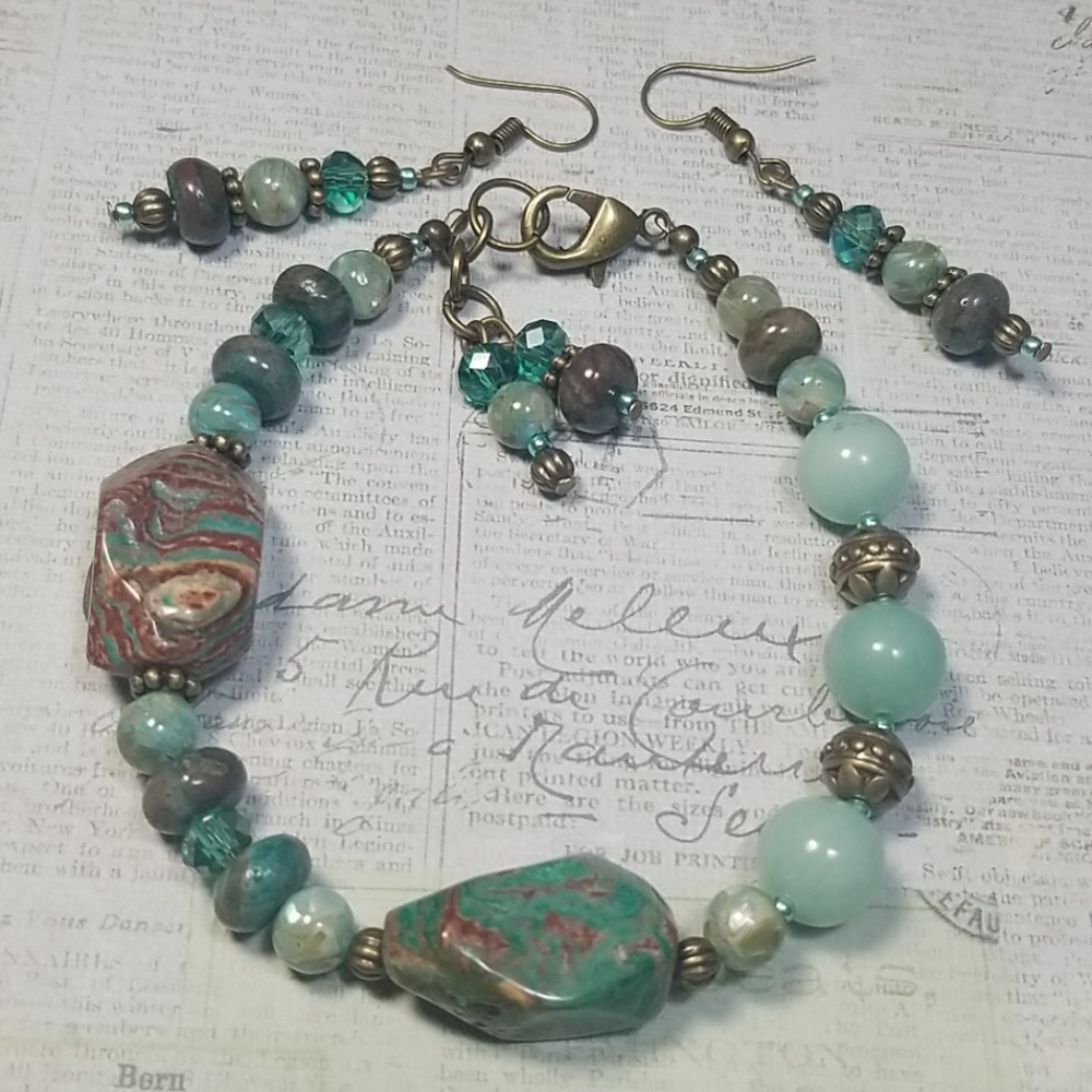 Green crazy lace agate freeform bracelet set - Picture 5 of 8